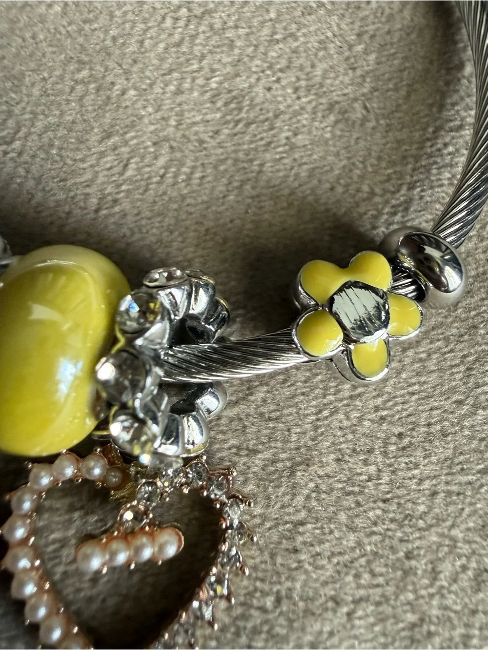 Silver-Tone Bracelet with Yellow Glass & Pearl Heart Charm